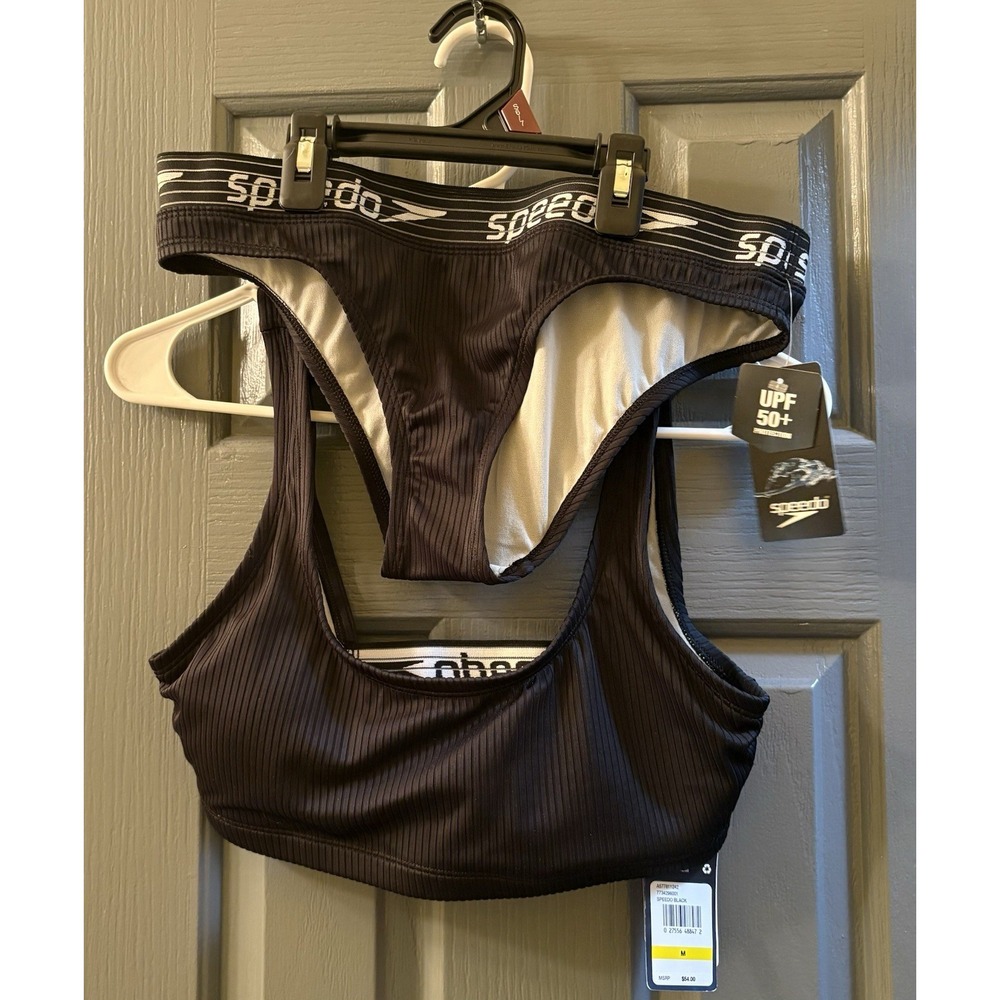 NWT Speedo Ribbed Bikini SET Black Color sz M bottom Sz M top UPF 50